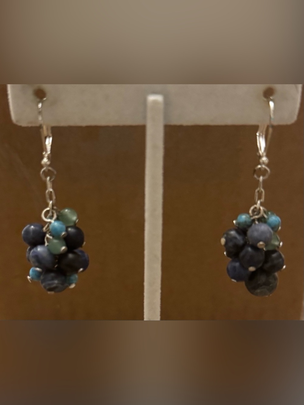 Blue and Teal Beaded Cluster Silver Earrings